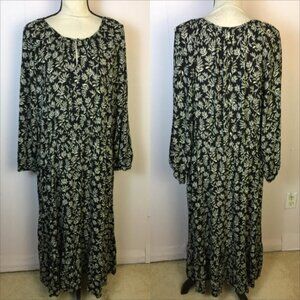 Old Navy Midi Dress XL Womans Black White Floral Long Sleeve Boho Cottagecore